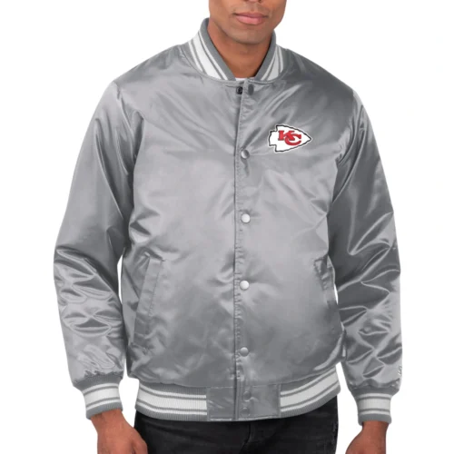Kansas City Chiefs Printed Team Logo Gray Satin Varsity Jacket