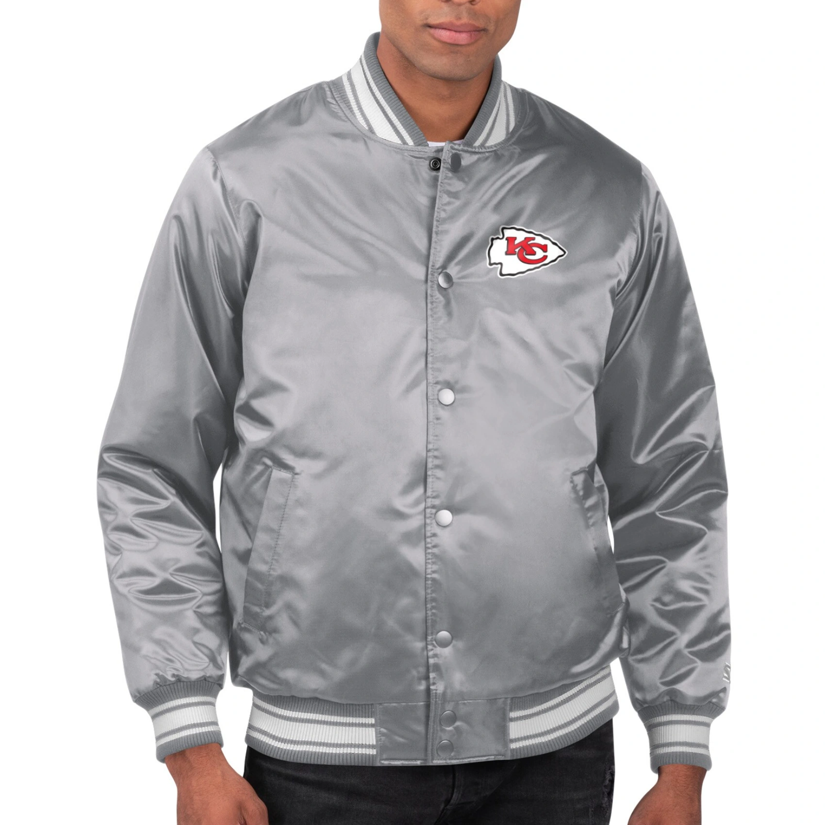Kansas City Chiefs Printed Team Logo Gray Satin Varsity Jacket