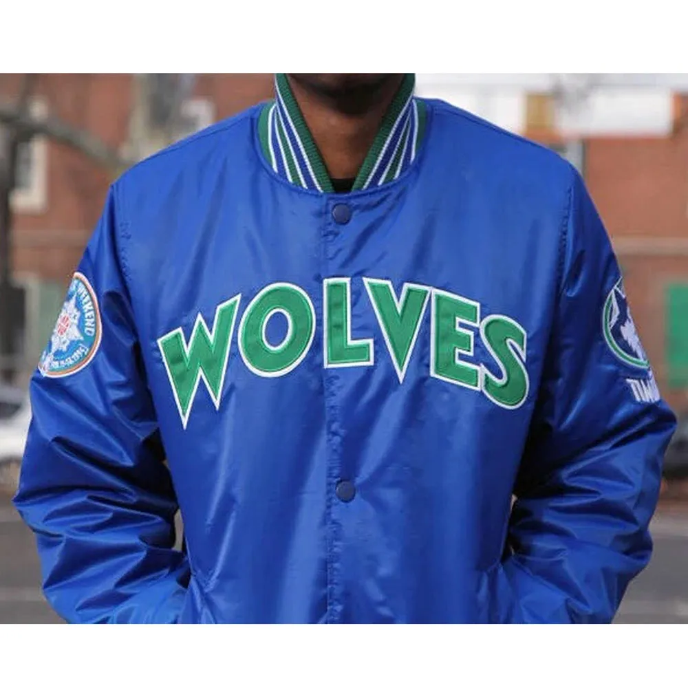 Minnesota Timberwolves Bomber Blue Satin Varsity Jacket - Image 2