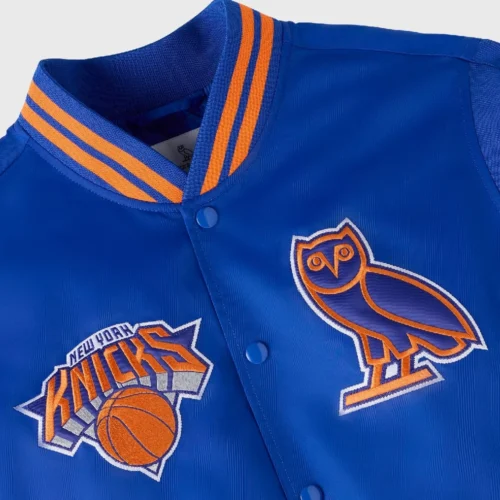 New York Knicks Playboy Blue Satin Varsity Jacket - Image 3