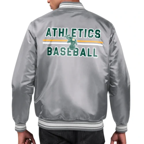 Alternative view of Oakland Athletics Printed Team Logo Gray Satin Varsity Jacket