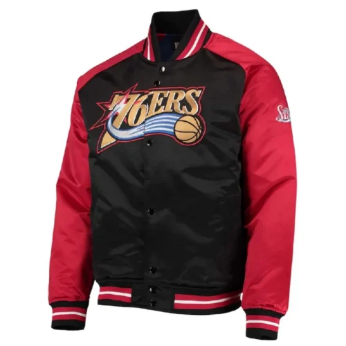 Philadelphia 76ers Hardwood Classics Reload 3.0 Black & Red Satin Varsity Jacket