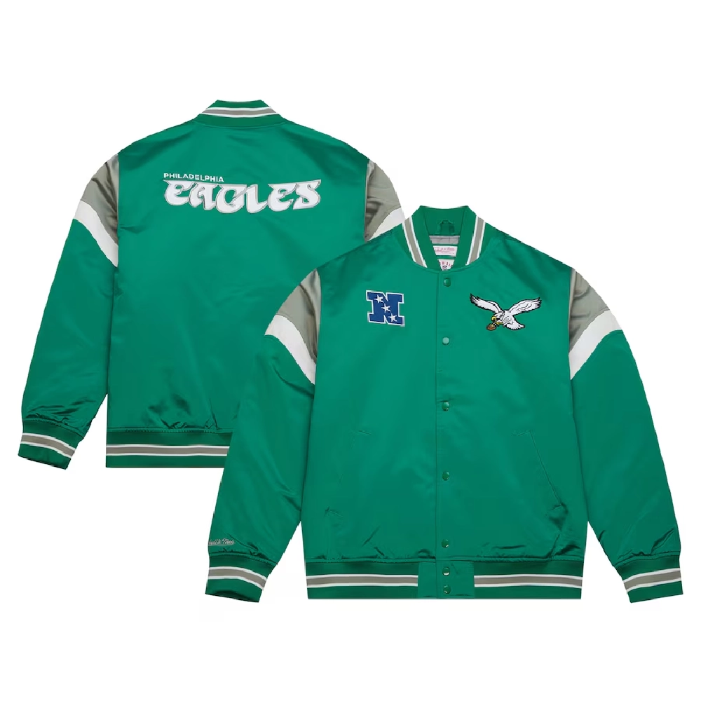Philadelphia Eagles Cooperstown Heavyweight Full-Snap Green Satin Varsity Jacket - Image 3