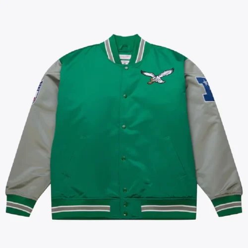 Philadelphia Eagles Primetime Vintage Green & Grey Satin Varsity Jacket
