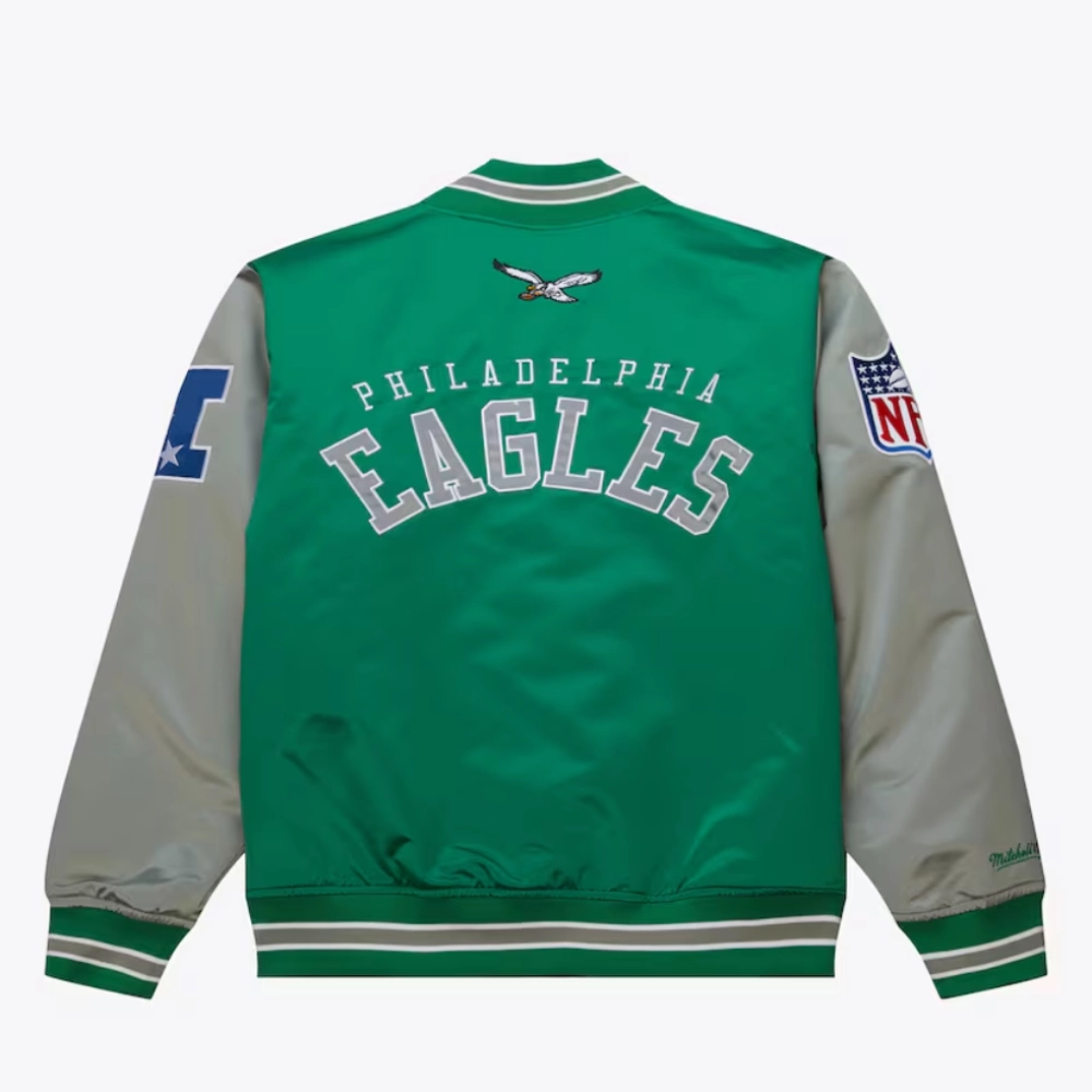 Philadelphia Eagles Primetime Vintage Green & Grey Satin Varsity Jacket - Image 2
