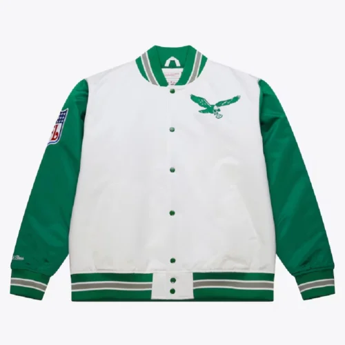 Philadelphia Eagles Primetime Vintage White & Green Satin Varsity Jacket