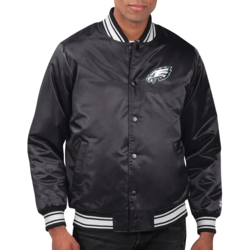 Philadelphia Eagles Printed Team Logo Black Satin Varsity Jacket