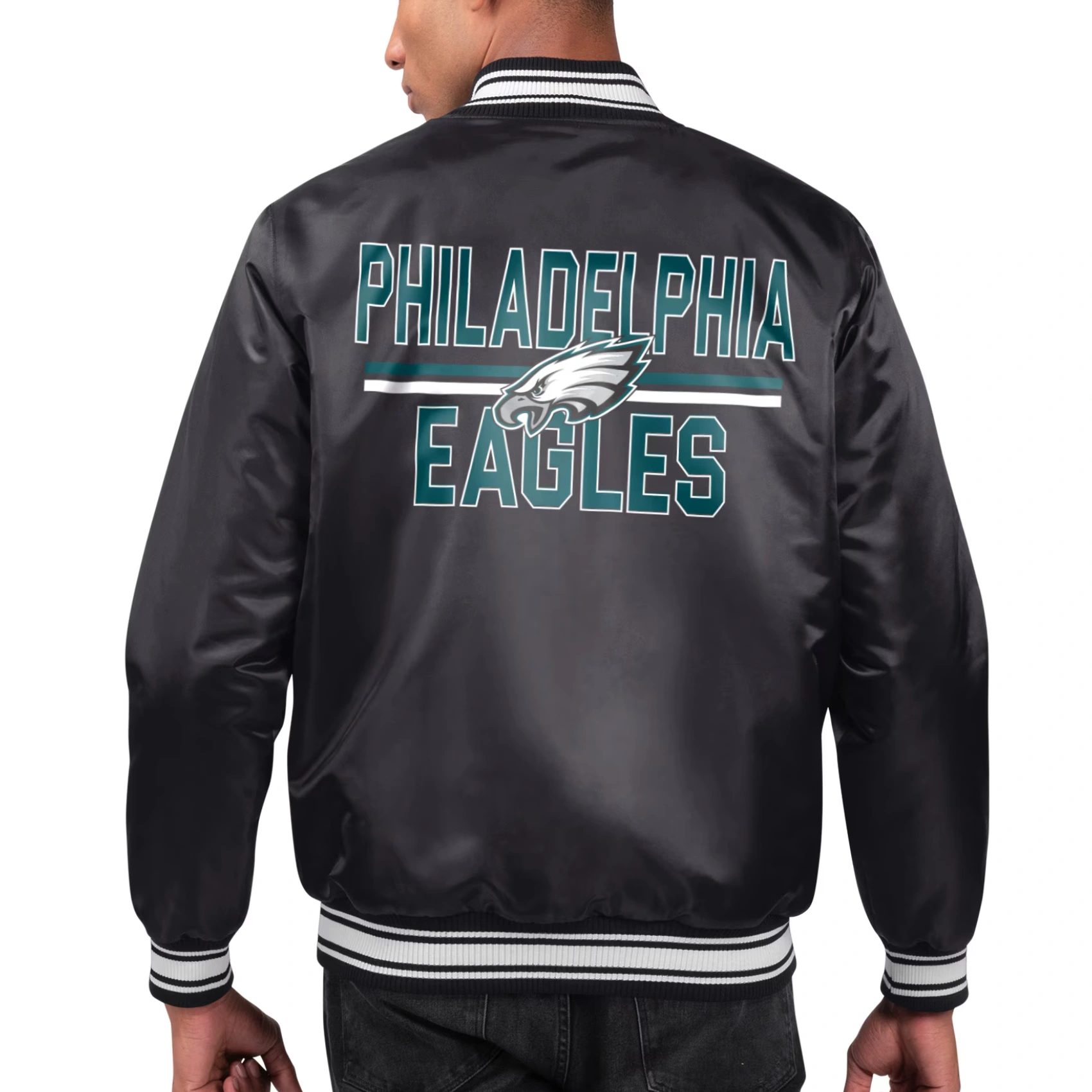 Philadelphia Eagles Printed Team Logo Black Satin Varsity Jacket - Image 2