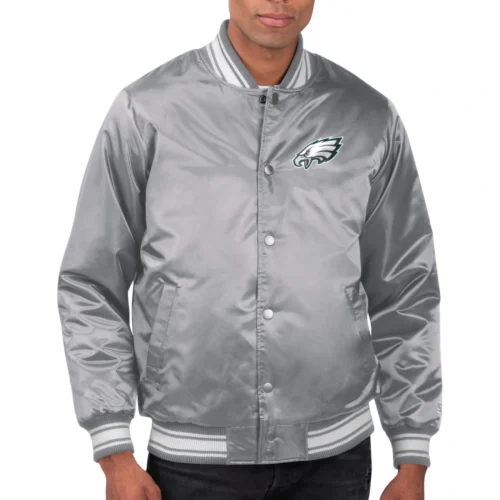 Philadelphia Eagles Printed Team Logo Gray Satin Varsity Jacket