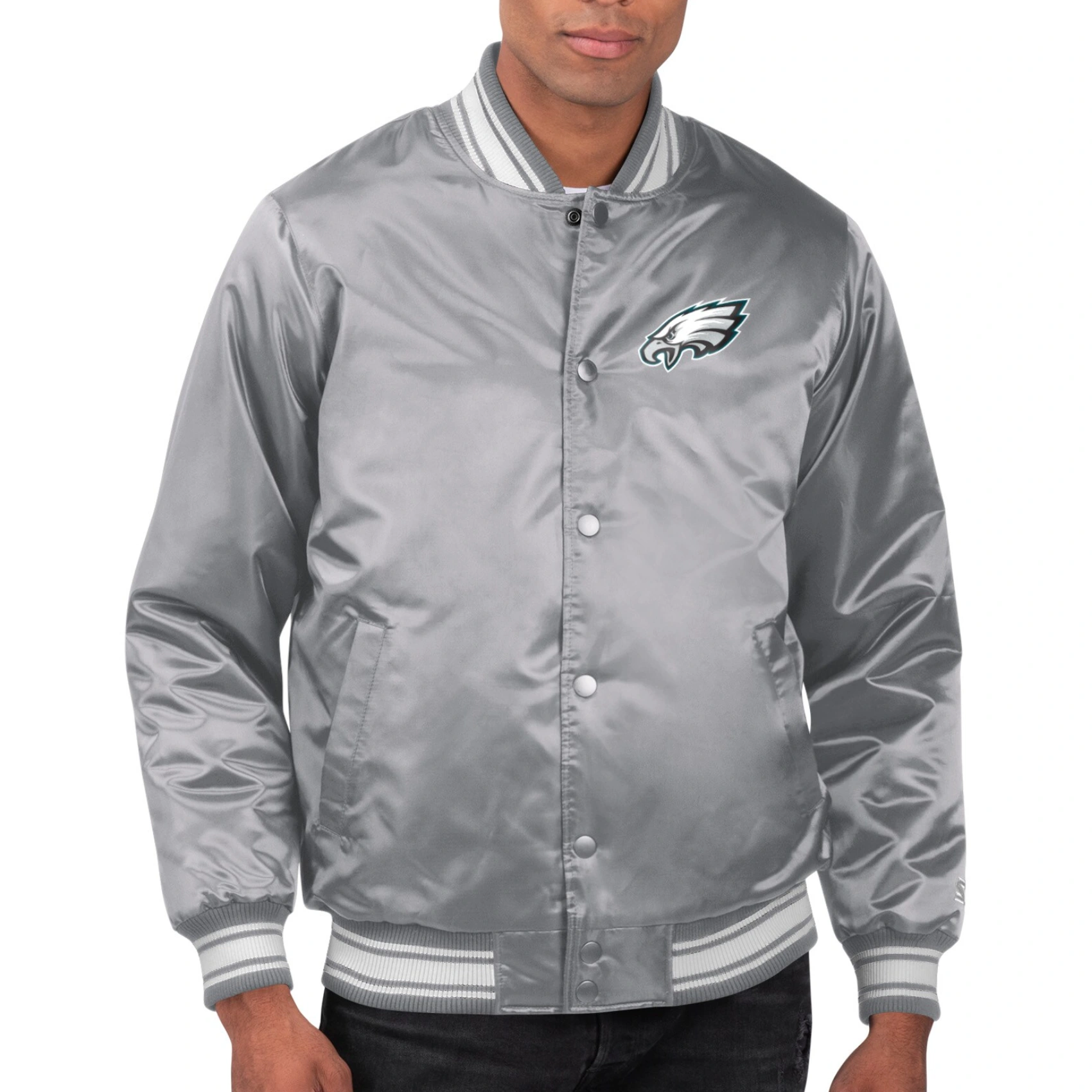 Philadelphia Eagles Printed Team Logo Gray Satin Varsity Jacket