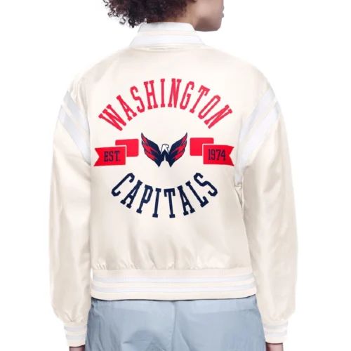 Alternative view of Women's Washington Capitals Round Printed Logo Cropped Cream Satin Varsity Jacket