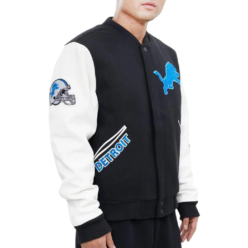 Detroit Lions Classic Black & White Wool & Leather Varsity Jacket - Image 3