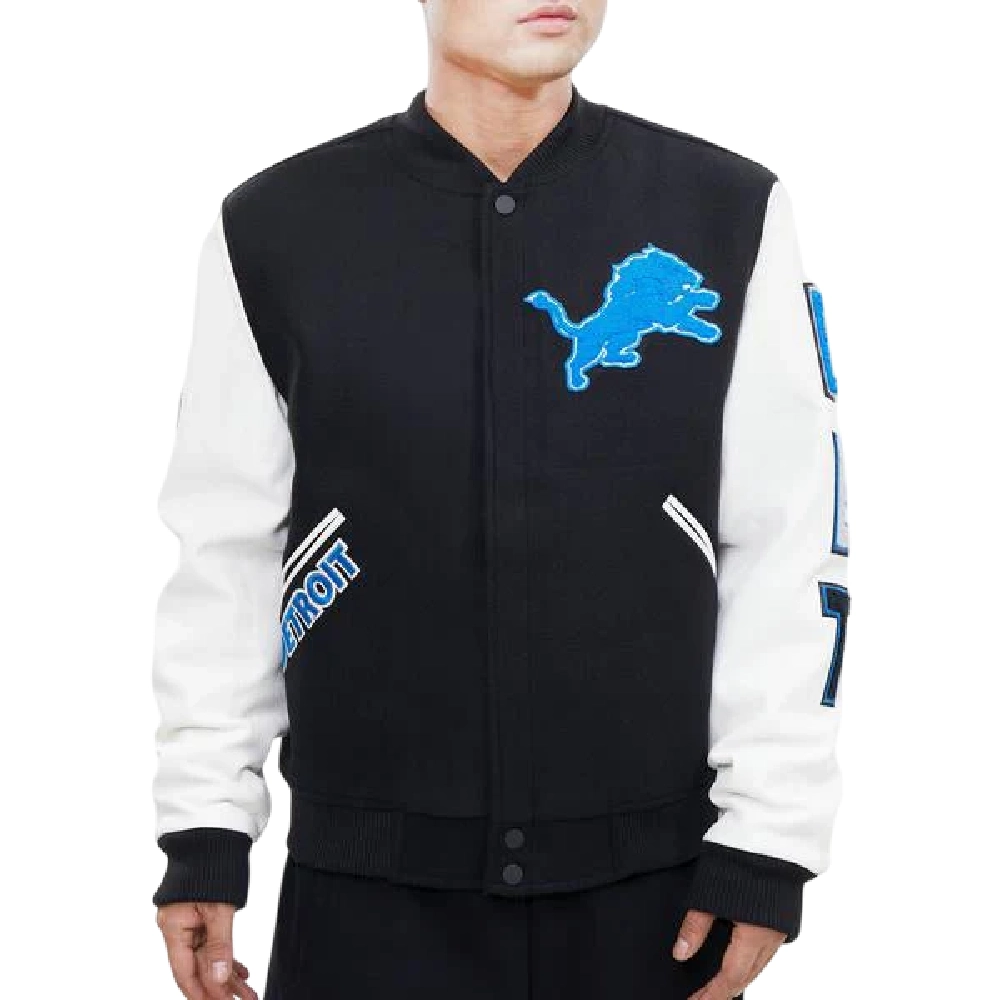Detroit Lions Classic Black & White Wool & Leather Varsity Jacket