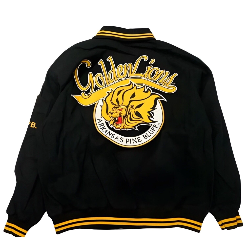 Arkansas Pine Bluff Golden Lions Vintage Black Satin Varsity Jacket - Image 2