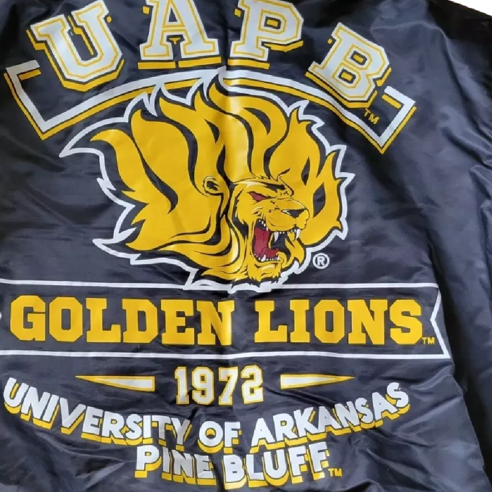 Arkansas Pine Bluff Golden Lions Vintage Navy Satin Varsity Jacket - Image 3