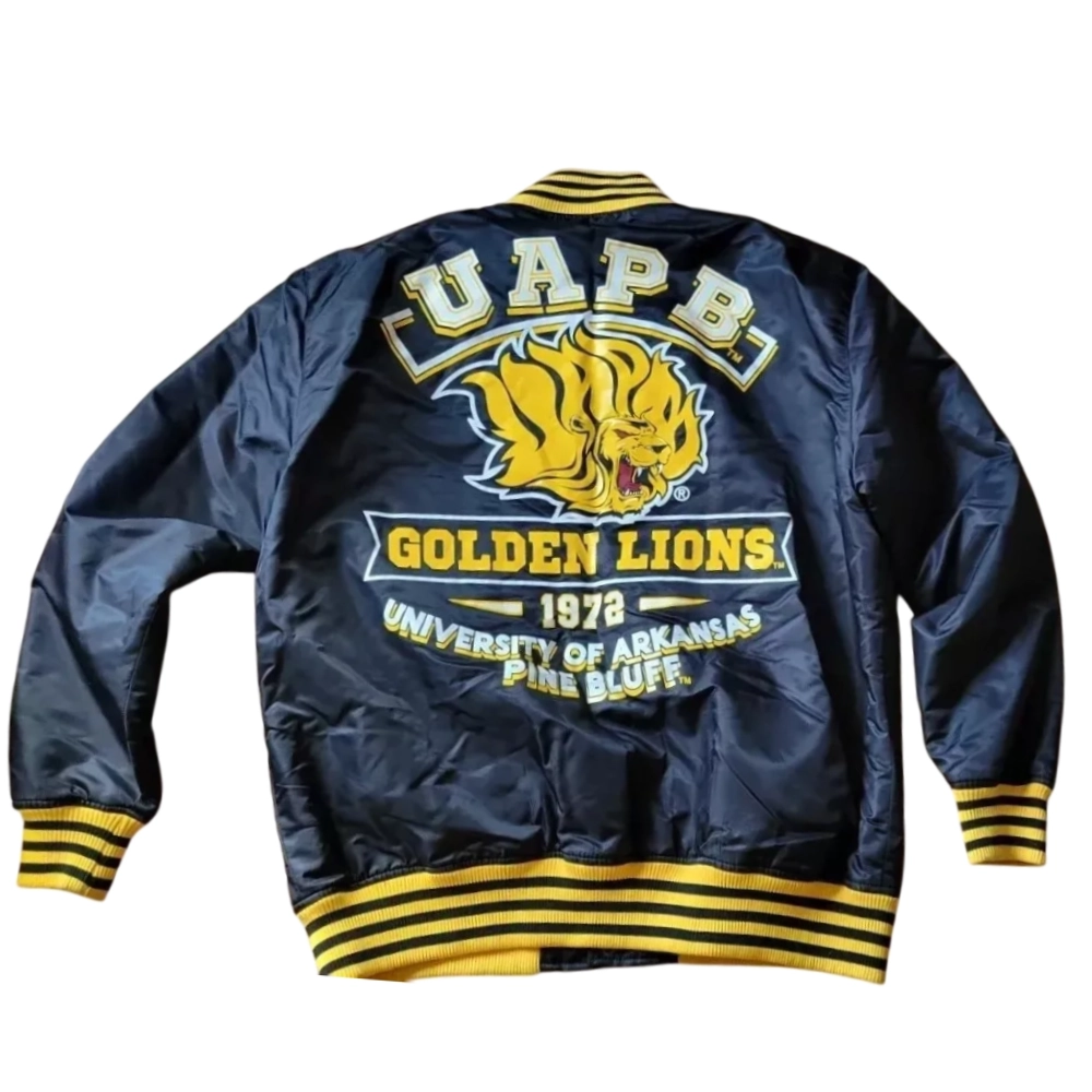 Arkansas Pine Bluff Golden Lions Vintage Navy Satin Varsity Jacket - Image 2