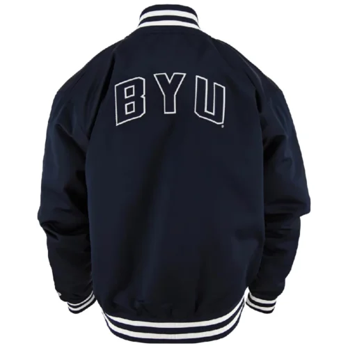 Brigham Young University Vintage Navy Satin Varsity Jacket - Image 4