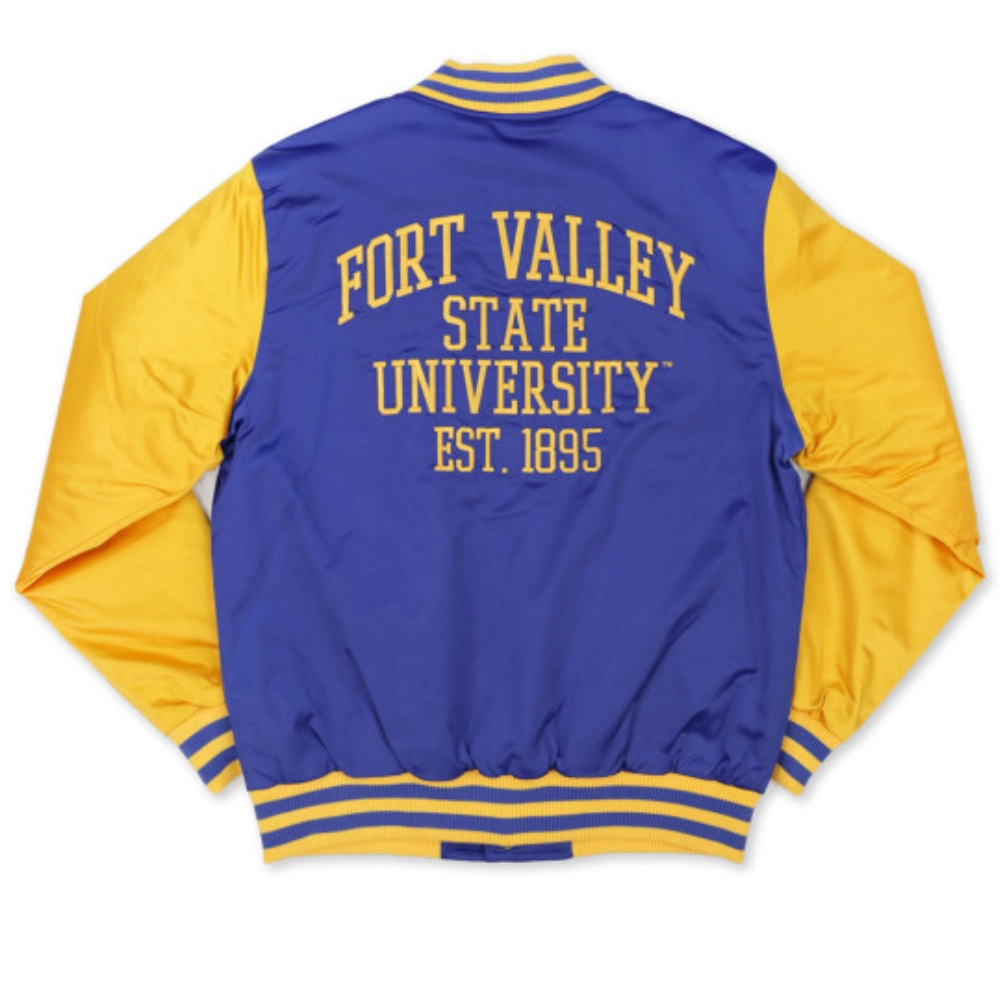Fort Valley State Wildcats Baseball Purple & Yellow Satin Varsity Jacket - Image 2