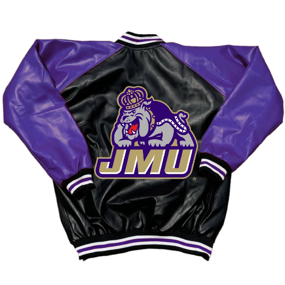 James Madison Dukes Letterman Black & Purple Leather Varsity Jacket - Image 2