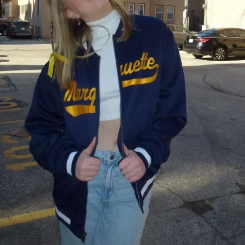 Marquette Golden Eagles Navy Wool Bomber Varsity Jacket - Image 3