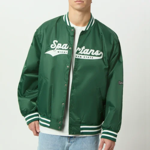 Men's Michigan Wolverines A-Game Green Satin Varsity Jacket