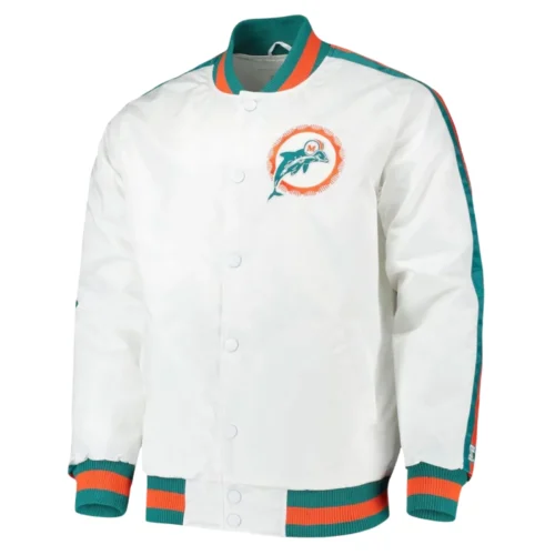 Miami Dolphins Throwback D-Line White Bomber Satin Varsity Jacket