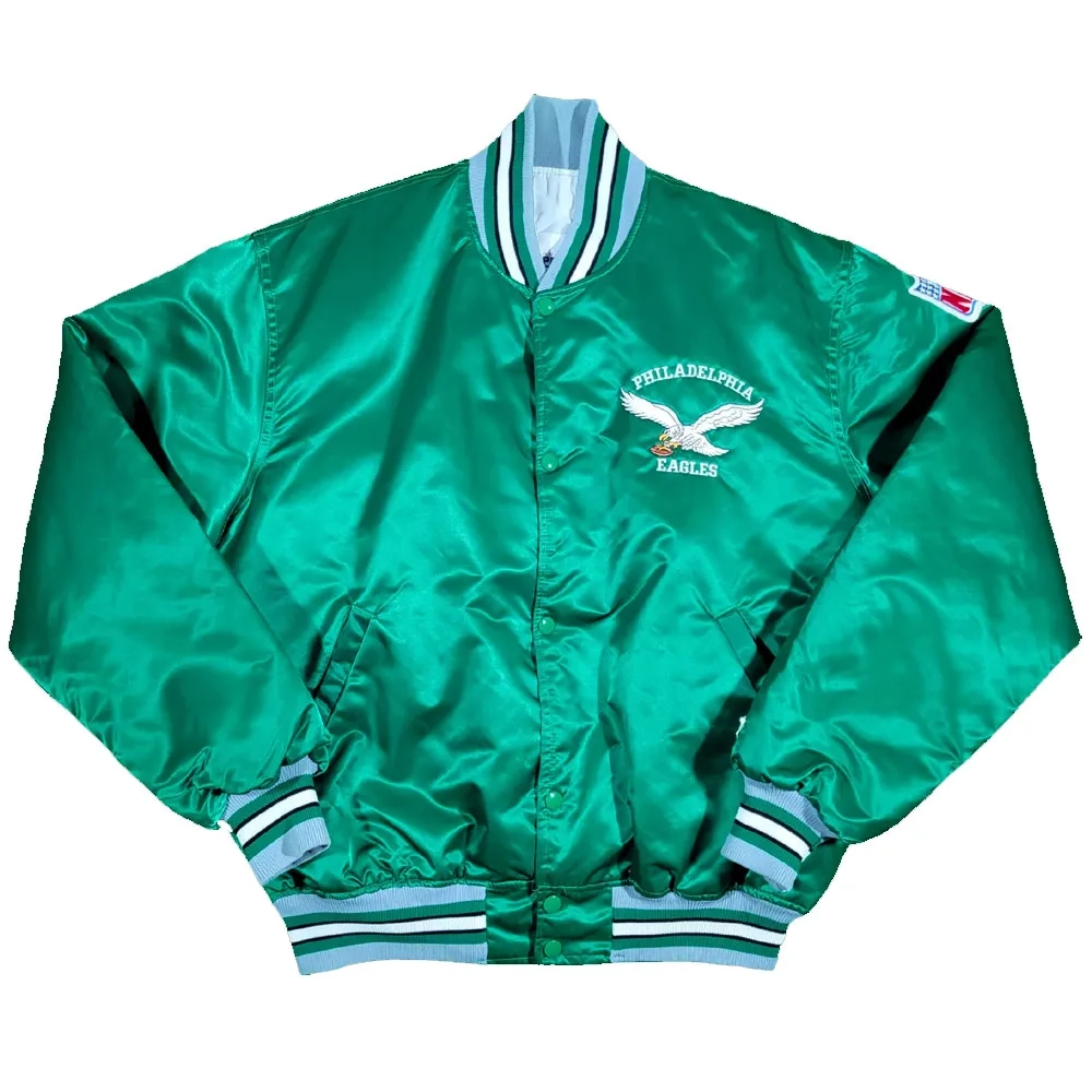 Philadelphia Eagles 90’s Vintage Ribbed Knitted Green Satin Varsity Jacket