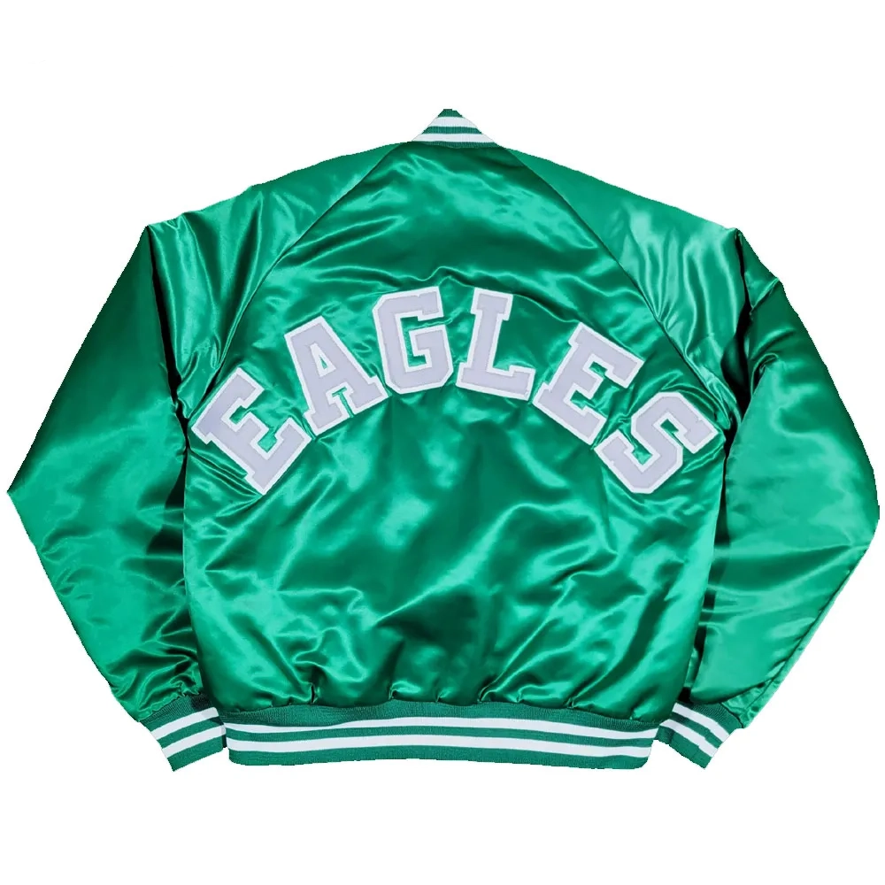 Philadelphia Eagles 90’s Vintage Ribbed Knitted Green Satin Varsity Jacket - Image 2
