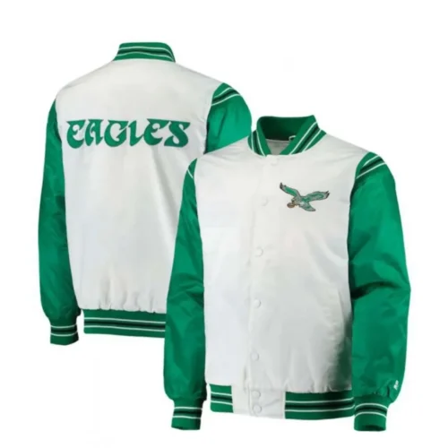 Philadelphia Eagles The Enforcer Green & White Satin Varsity Jacket - Image 3