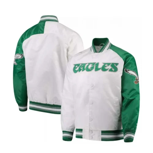 Philadelphia Eagles Dugout Spring Green & White Satin Varsity Jacket - Image 3