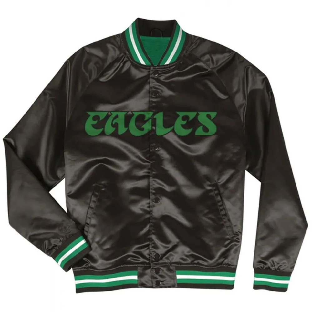 Philadelphia Eagles Throwback Wordmark Black Satin Varsity Jacket