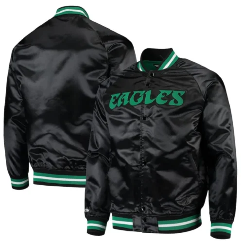 Philadelphia Eagles Throwback Wordmark Black Satin Varsity Jacket - Image 3