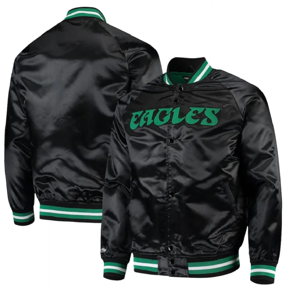 Philadelphia Eagles Throwback Wordmark Black Satin Varsity Jacket - Image 3