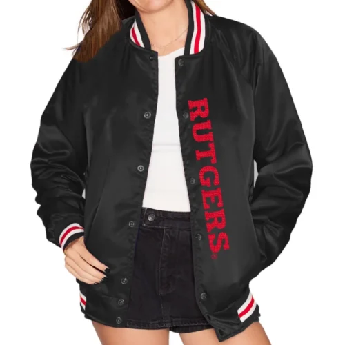 Women's Rutgers Scarlet Knights Letterman Black Satin Varsity Jacket