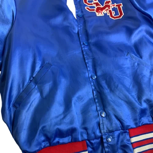 SMU Mustangs 1990s Vintage Royal Blue Bomber Satin Varsity Jacket - Image 3