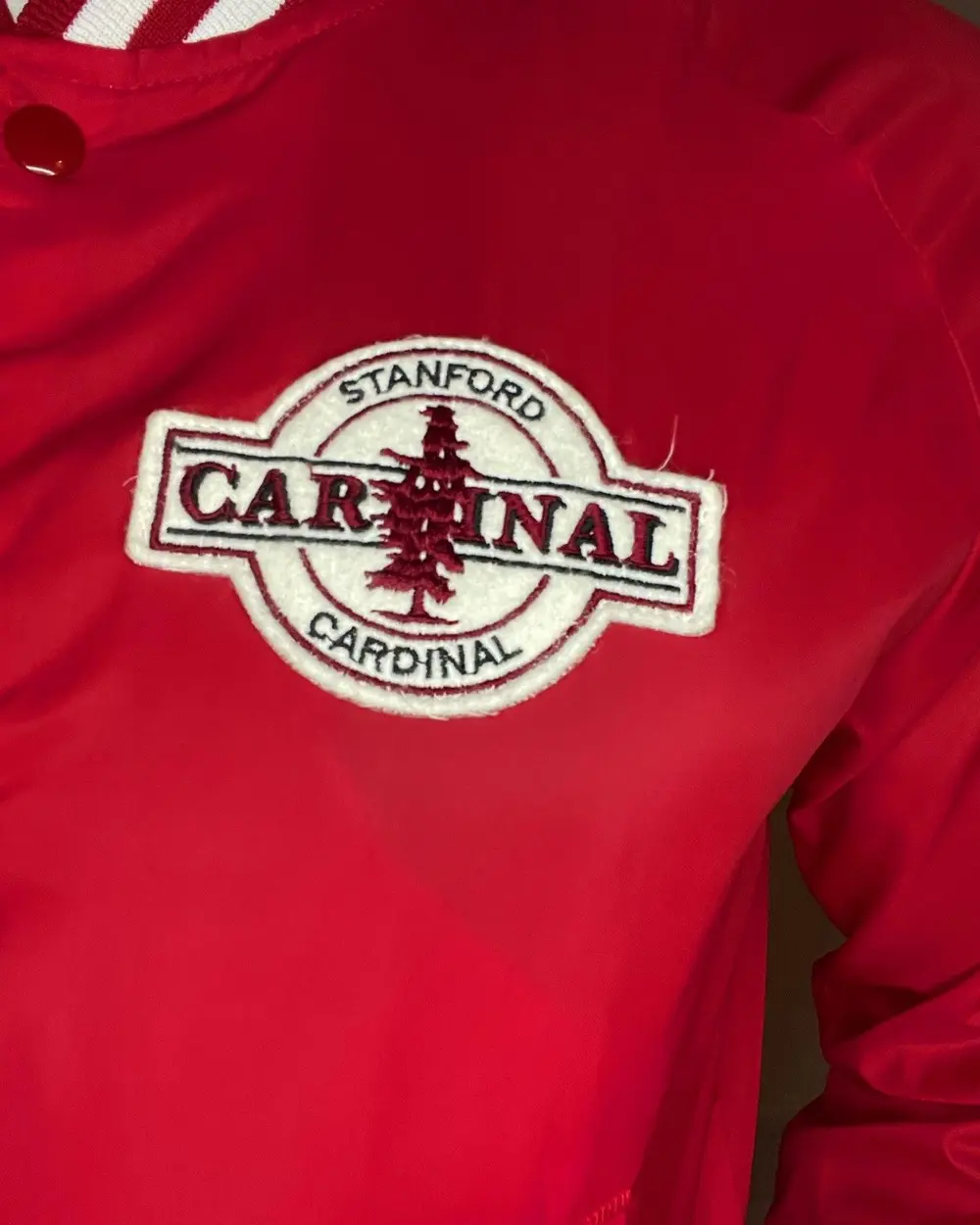 Stanford Cardinal Vintage Ribbed Knitted Red Satin Varsity Jacket - Image 4