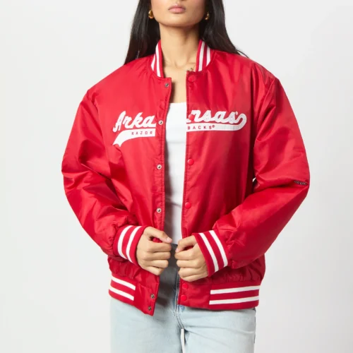 Women Arkansas Razorbacks A-Game Satin Varsity Jacket