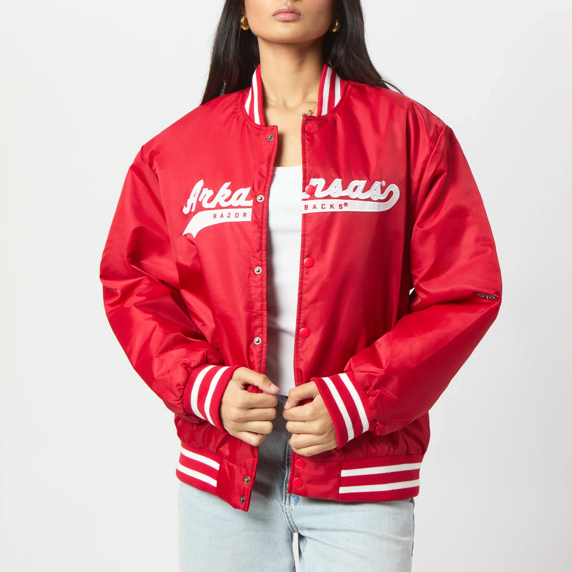 Women Arkansas Razorbacks A-Game Satin Varsity Jacket