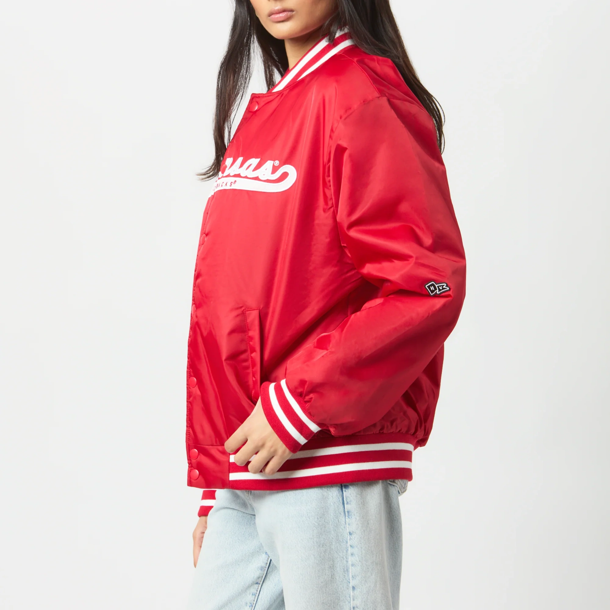 Women Arkansas Razorbacks A-Game Satin Varsity Jacket - Image 2