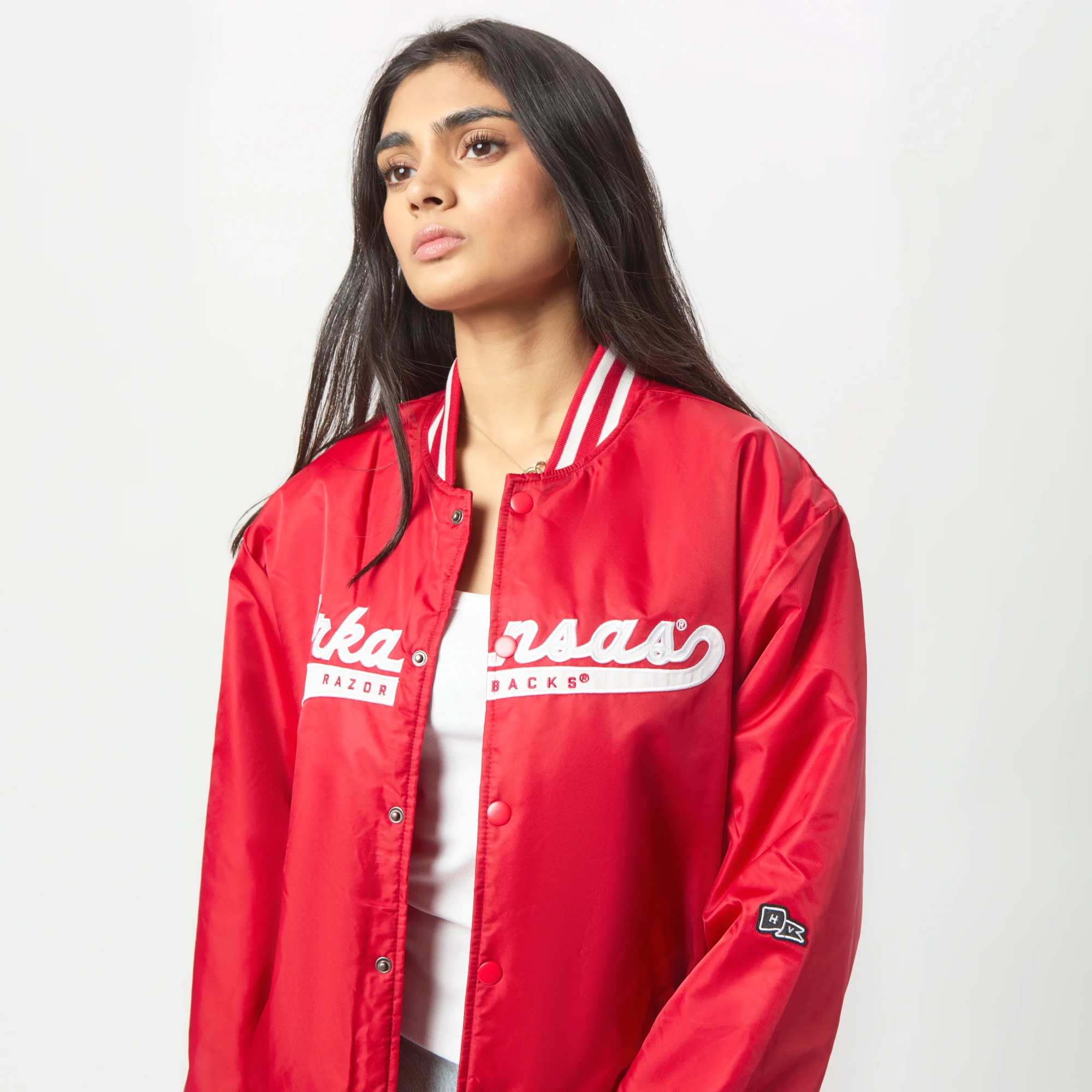 Women Arkansas Razorbacks A-Game Satin Varsity Jacket - Image 4
