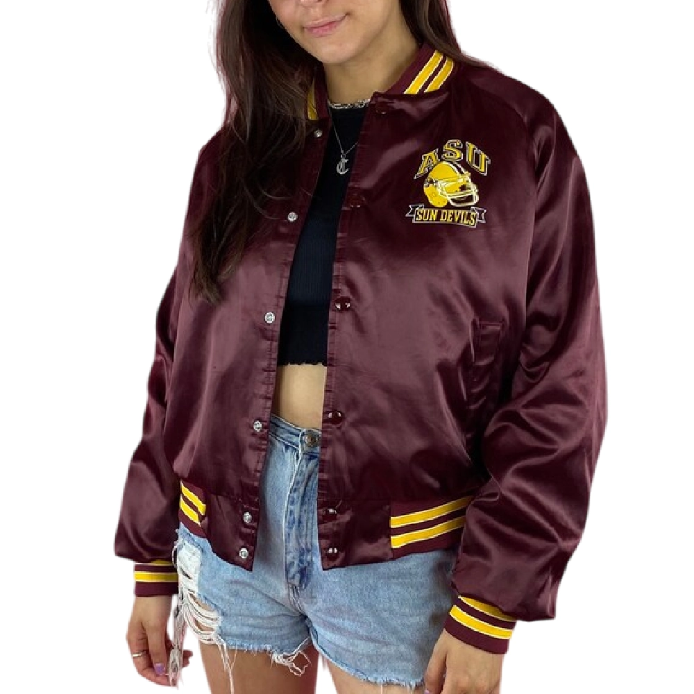 Women's Arizona State Sun Devils 90's Vintage Bomber Satin Varsity Jacket - Image 4