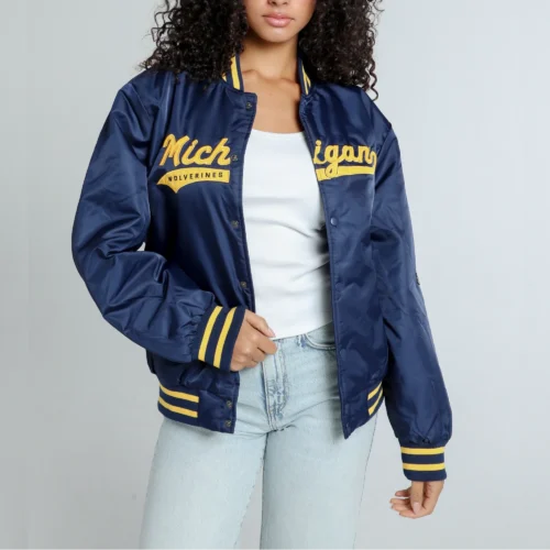 Women's Michigan Wolverines A-Game Satin Varsity Navy Jacket