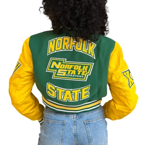 Women's Norfolk State Spartans Campus Remix Wool & Leather Varsity Jacket - Image 4