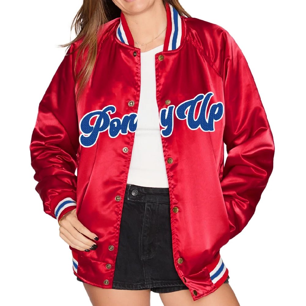 Women's SMU Mustangs Letterman Red Satin Varsity Jacket