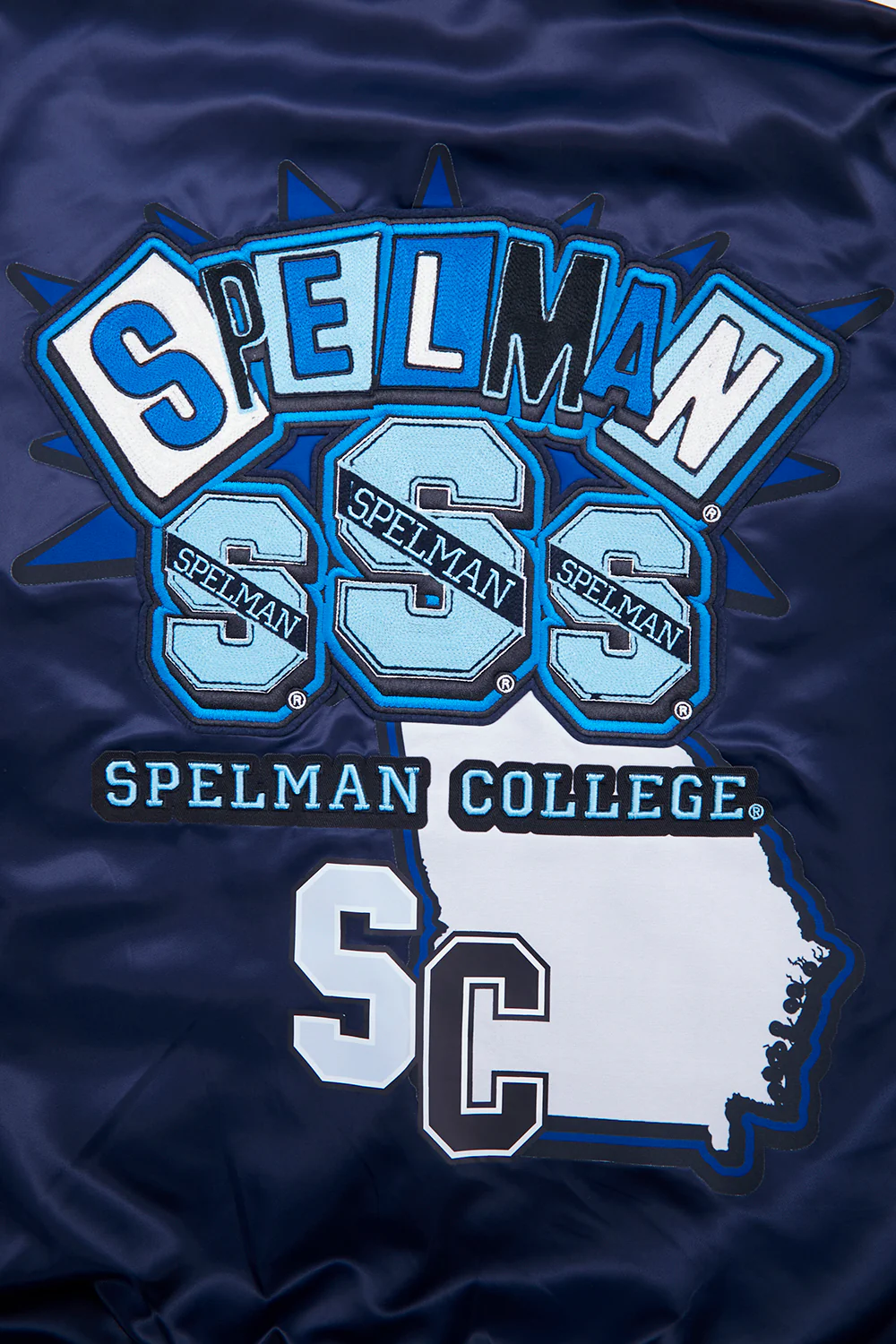 Spelman Collage Jaguars Homecoming Navy Satin Varsity Jacket - Image 5