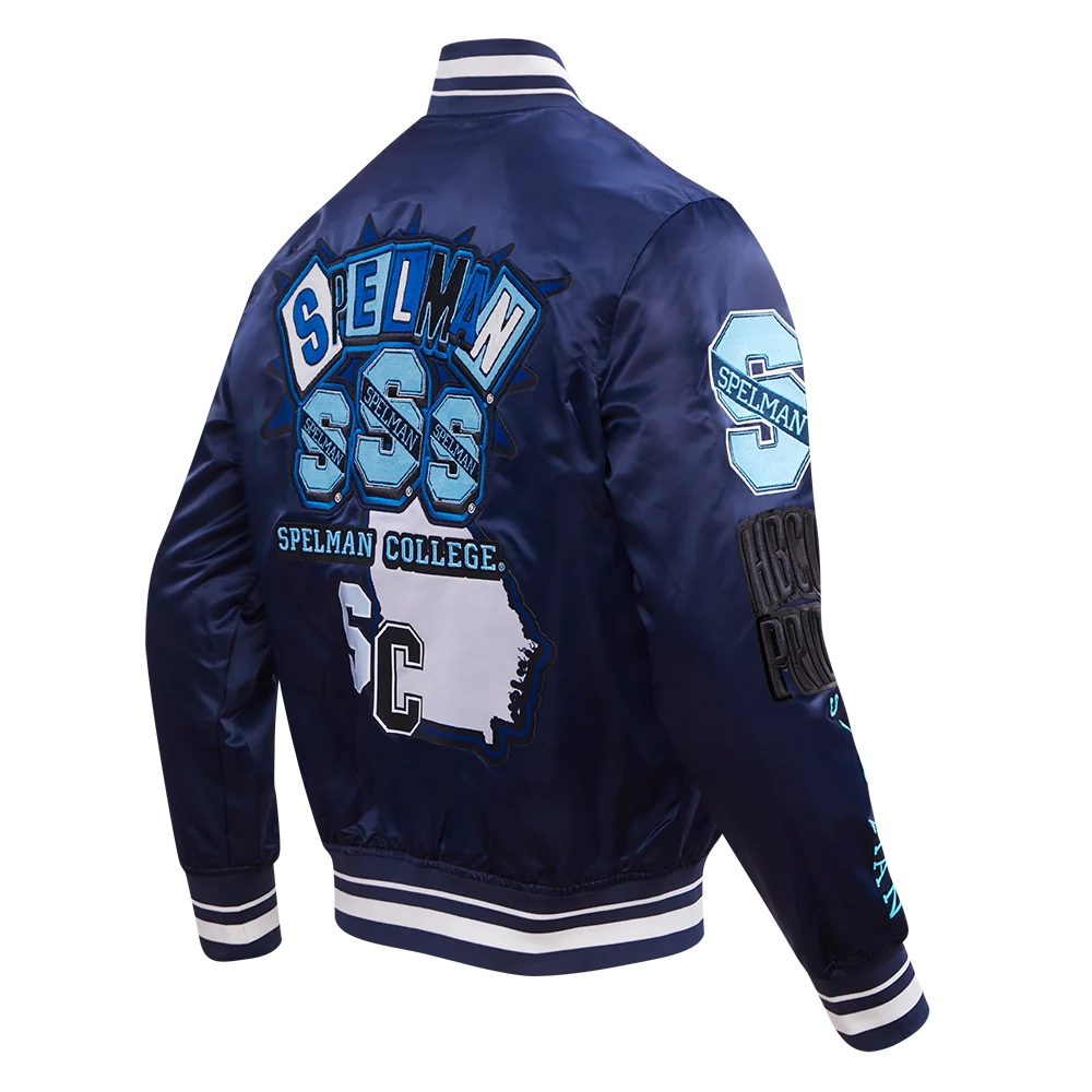 Spelman Collage Jaguars Homecoming Navy Satin Varsity Jacket - Image 3