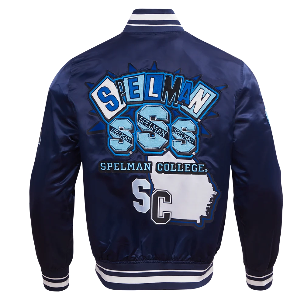 Spelman Collage Jaguars Homecoming Navy Satin Varsity Jacket - Image 4