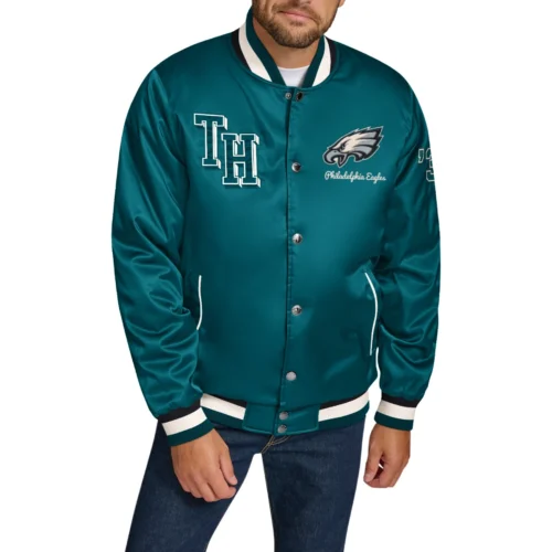 Philadelphia Eagles Dante Full-Snap Satin Varsity Jacket
