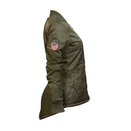 Miss Top Gun Women's Longline Bomber Olive Satin Jacket - Image 3