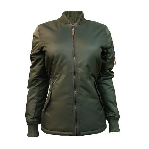 Miss Top Gun Women's Longline Bomber Olive Satin Jacket